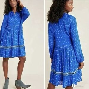 Anthropologie Blank London Coterie Midi Dress Sz XS Blue Polka Dot Embroidered